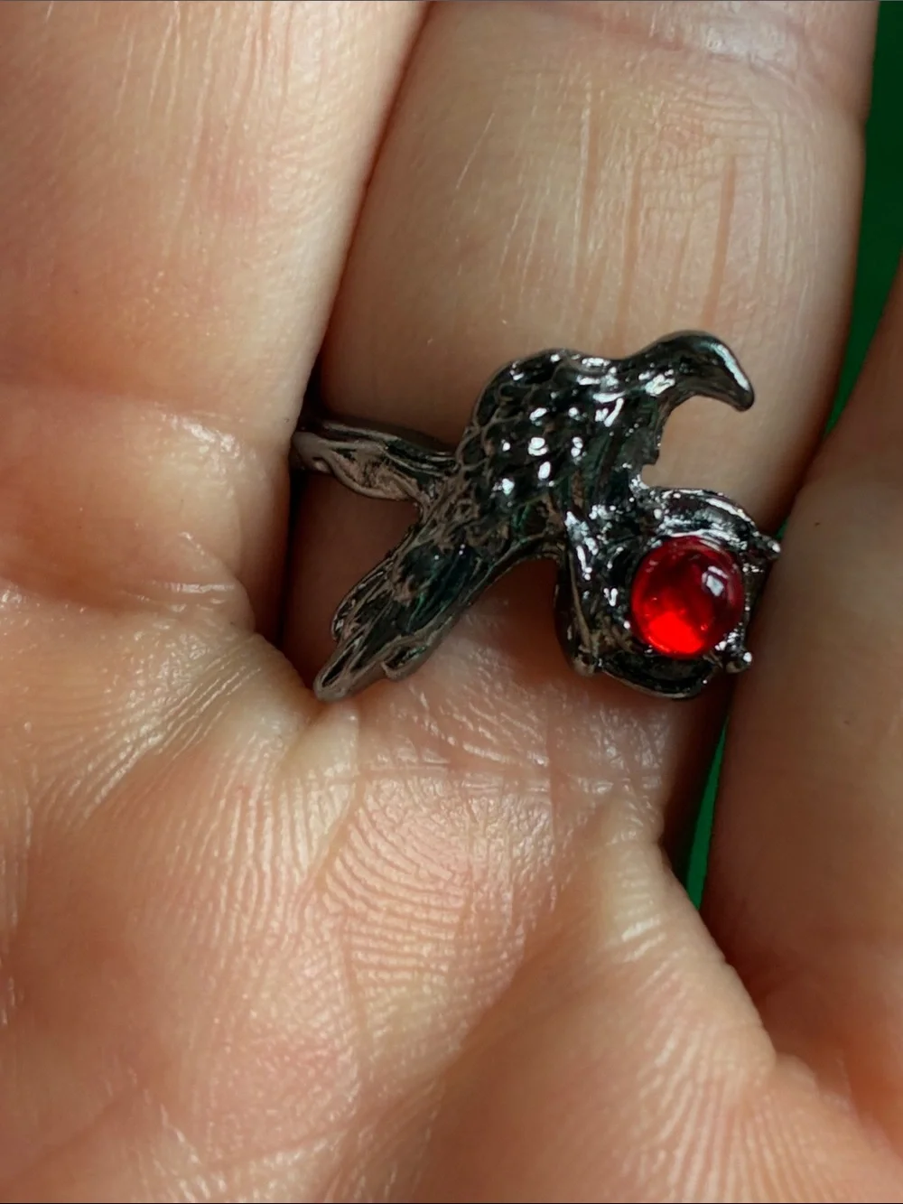 Gothic black raven crow red stone ring open adjustable band Edgar Allan Poe OS